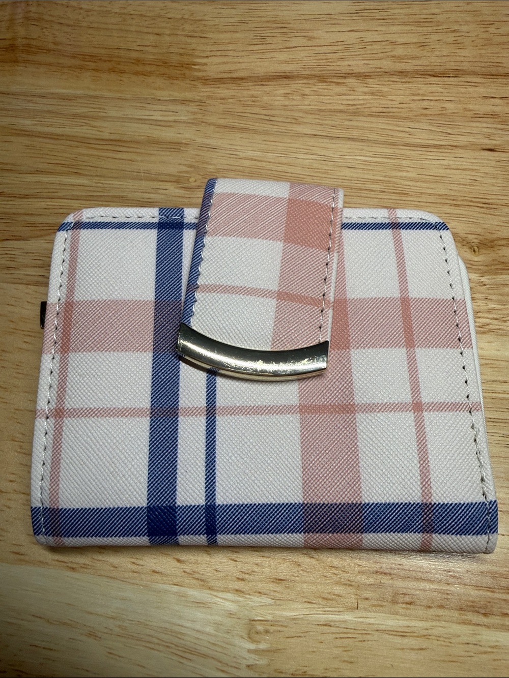 Time and Tru Pink and Blue Plaid Card Holder with Metal Accent